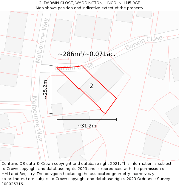 2, DARWIN CLOSE, WADDINGTON, LINCOLN, LN5 9GB: Plot and title map