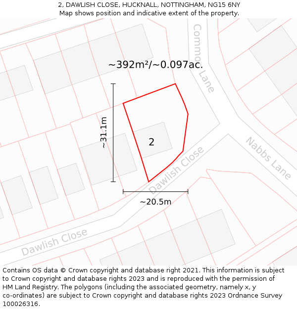 2, DAWLISH CLOSE, HUCKNALL, NOTTINGHAM, NG15 6NY: Plot and title map