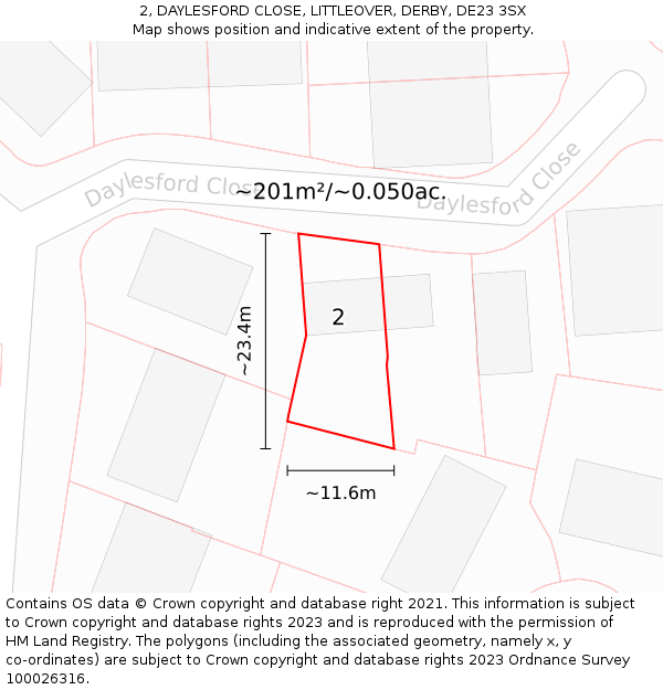 2, DAYLESFORD CLOSE, LITTLEOVER, DERBY, DE23 3SX: Plot and title map