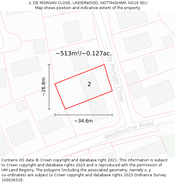 2, DE MORGAN CLOSE, UNDERWOOD, NOTTINGHAM, NG16 5EU: Plot and title map