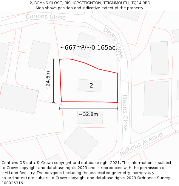 2, DEANS CLOSE, BISHOPSTEIGNTON, TEIGNMOUTH, TQ14 9RD: Plot and title map