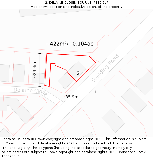 2, DELAINE CLOSE, BOURNE, PE10 9LP: Plot and title map
