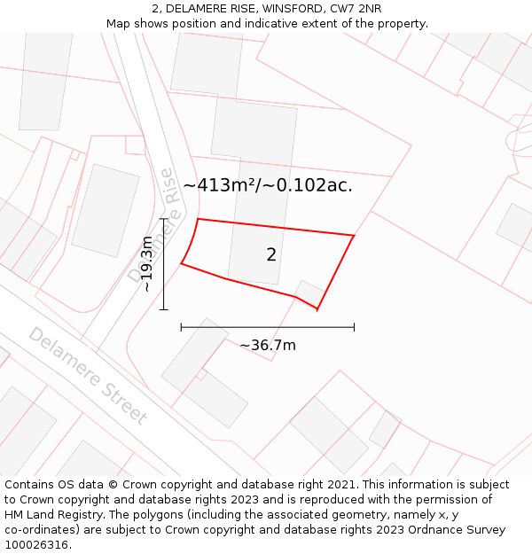 2, DELAMERE RISE, WINSFORD, CW7 2NR: Plot and title map