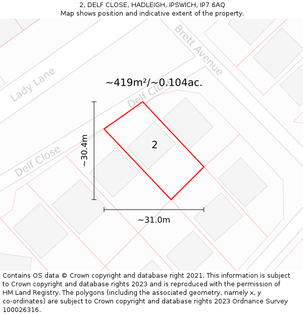 2, DELF CLOSE, HADLEIGH, IPSWICH, IP7 6AQ: Plot and title map