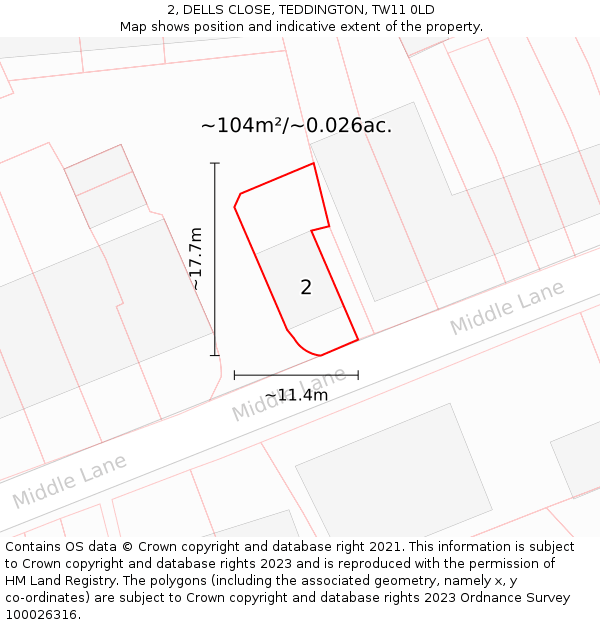 2, DELLS CLOSE, TEDDINGTON, TW11 0LD: Plot and title map