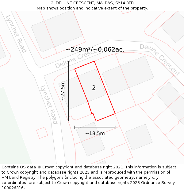 2, DELUNE CRESCENT, MALPAS, SY14 8FB: Plot and title map