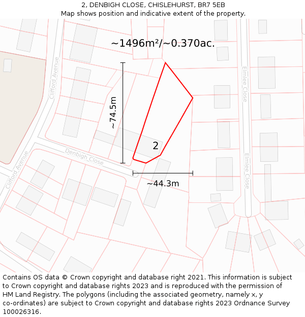 2, DENBIGH CLOSE, CHISLEHURST, BR7 5EB: Plot and title map