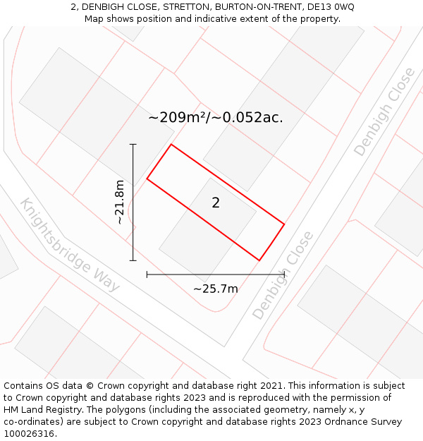 2, DENBIGH CLOSE, STRETTON, BURTON-ON-TRENT, DE13 0WQ: Plot and title map