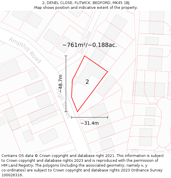 2, DENEL CLOSE, FLITWICK, BEDFORD, MK45 1BJ: Plot and title map