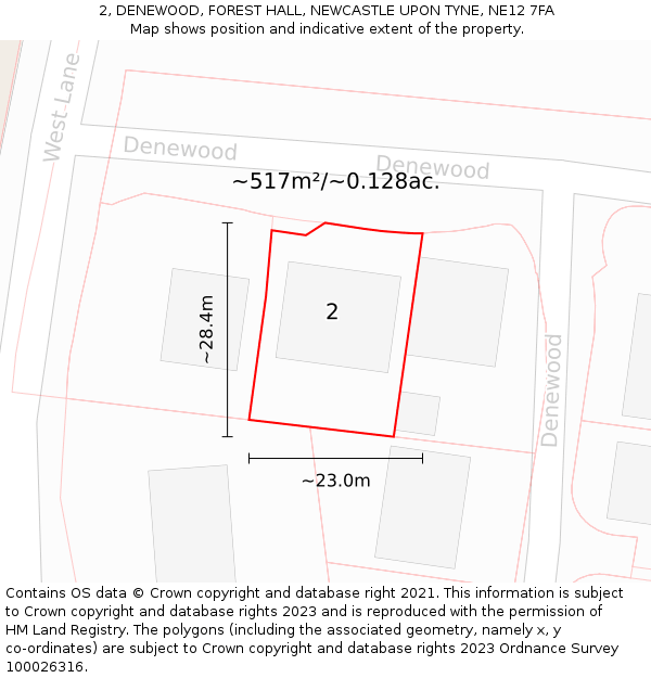 2, DENEWOOD, FOREST HALL, NEWCASTLE UPON TYNE, NE12 7FA: Plot and title map