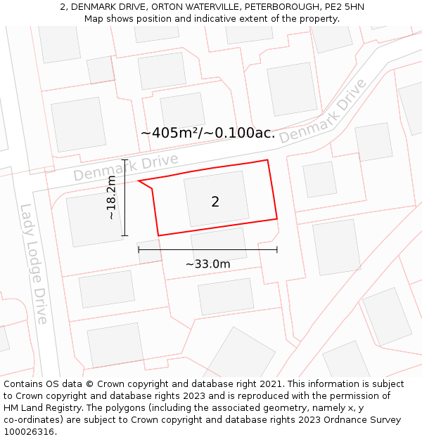 2, DENMARK DRIVE, ORTON WATERVILLE, PETERBOROUGH, PE2 5HN: Plot and title map