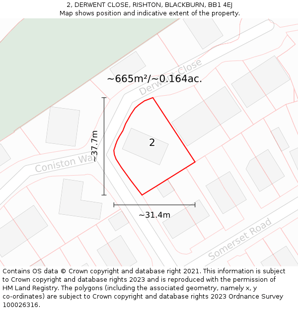 2, DERWENT CLOSE, RISHTON, BLACKBURN, BB1 4EJ: Plot and title map