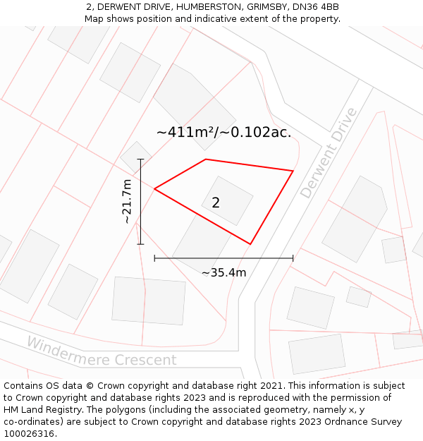 2, DERWENT DRIVE, HUMBERSTON, GRIMSBY, DN36 4BB: Plot and title map