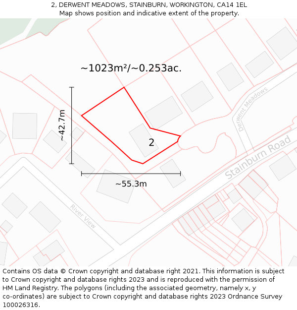 2, DERWENT MEADOWS, STAINBURN, WORKINGTON, CA14 1EL: Plot and title map