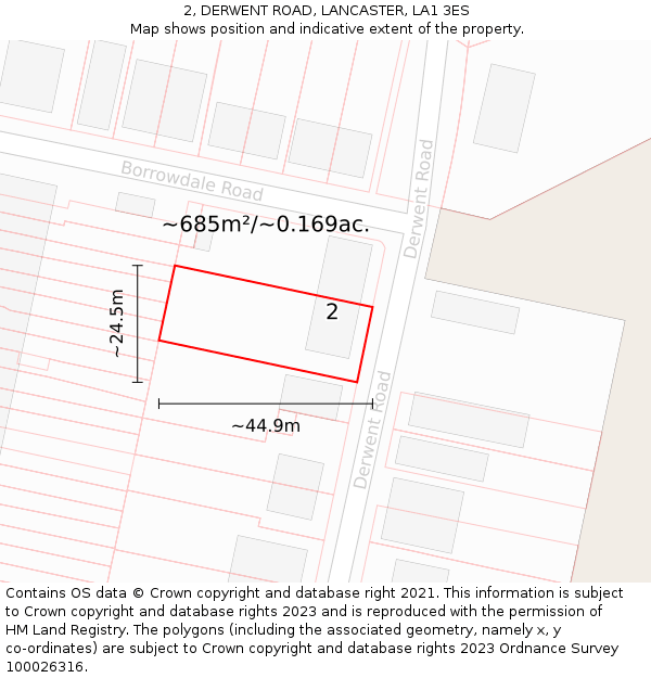 2, DERWENT ROAD, LANCASTER, LA1 3ES: Plot and title map