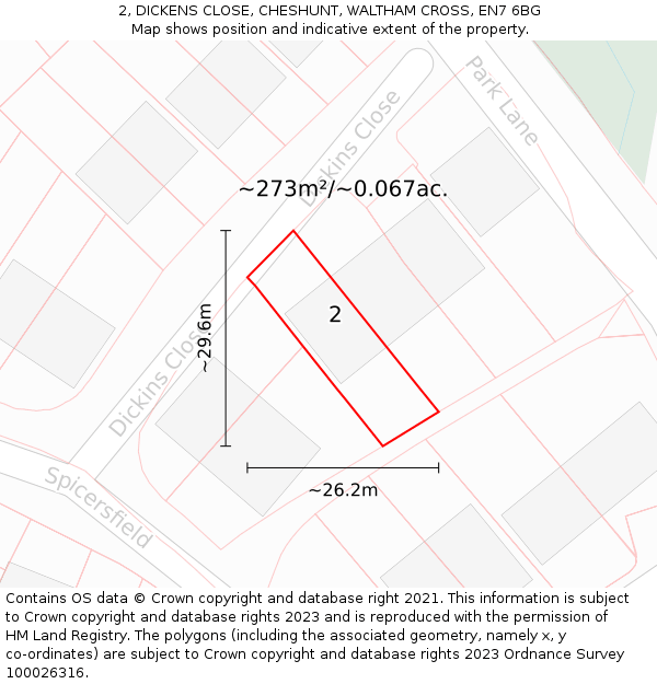 2, DICKENS CLOSE, CHESHUNT, WALTHAM CROSS, EN7 6BG: Plot and title map