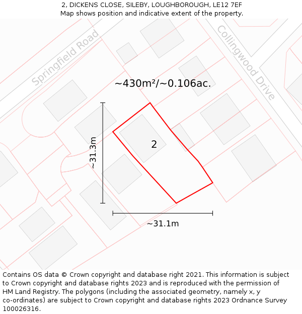 2, DICKENS CLOSE, SILEBY, LOUGHBOROUGH, LE12 7EF: Plot and title map