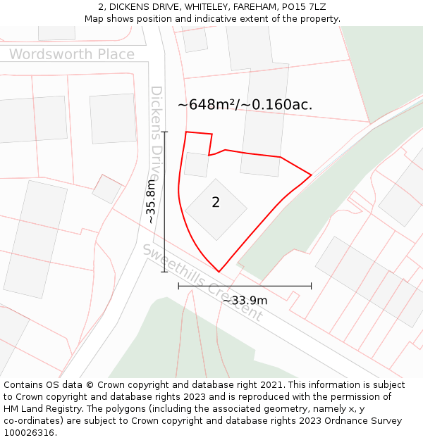 2, DICKENS DRIVE, WHITELEY, FAREHAM, PO15 7LZ: Plot and title map