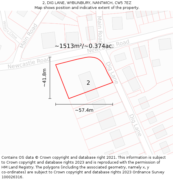 2, DIG LANE, WYBUNBURY, NANTWICH, CW5 7EZ: Plot and title map