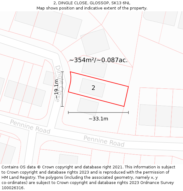 2, DINGLE CLOSE, GLOSSOP, SK13 6NL: Plot and title map