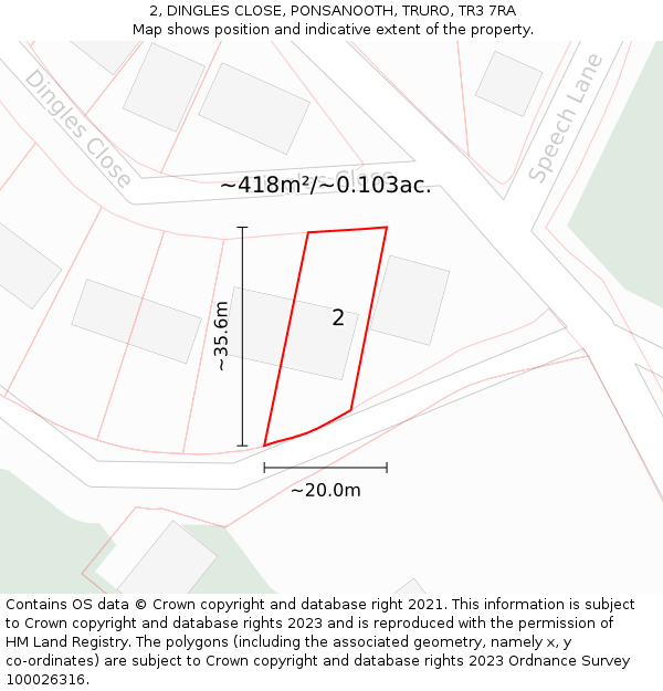 2, DINGLES CLOSE, PONSANOOTH, TRURO, TR3 7RA: Plot and title map