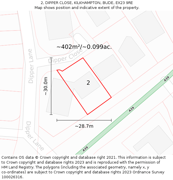 2, DIPPER CLOSE, KILKHAMPTON, BUDE, EX23 9RE: Plot and title map