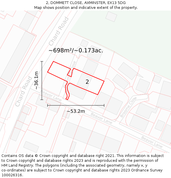 2, DOMMETT CLOSE, AXMINSTER, EX13 5DG: Plot and title map