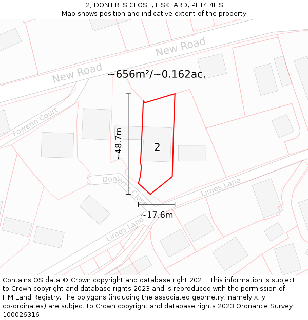2, DONIERTS CLOSE, LISKEARD, PL14 4HS: Plot and title map
