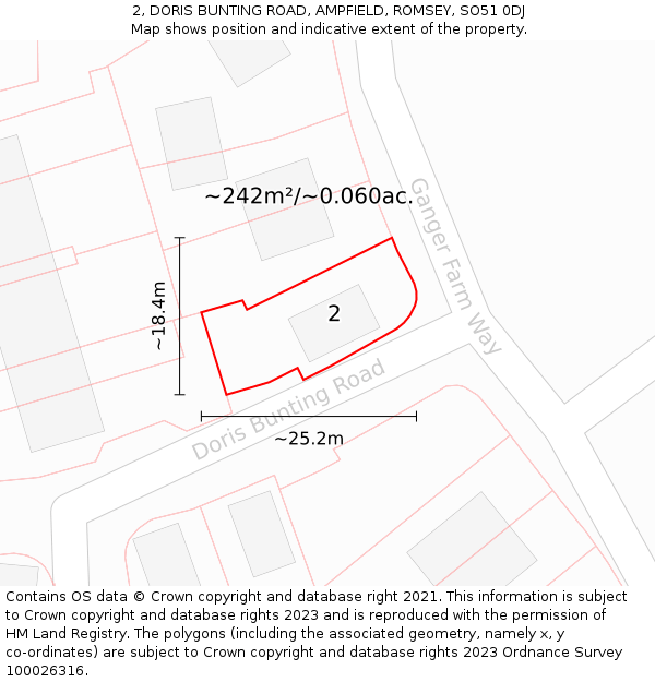 2, DORIS BUNTING ROAD, AMPFIELD, ROMSEY, SO51 0DJ: Plot and title map