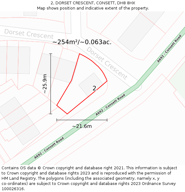 2, DORSET CRESCENT, CONSETT, DH8 8HX: Plot and title map