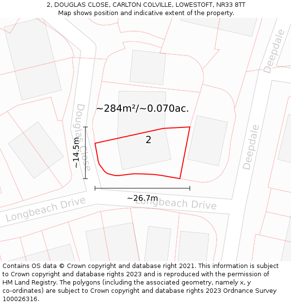 2, DOUGLAS CLOSE, CARLTON COLVILLE, LOWESTOFT, NR33 8TT: Plot and title map