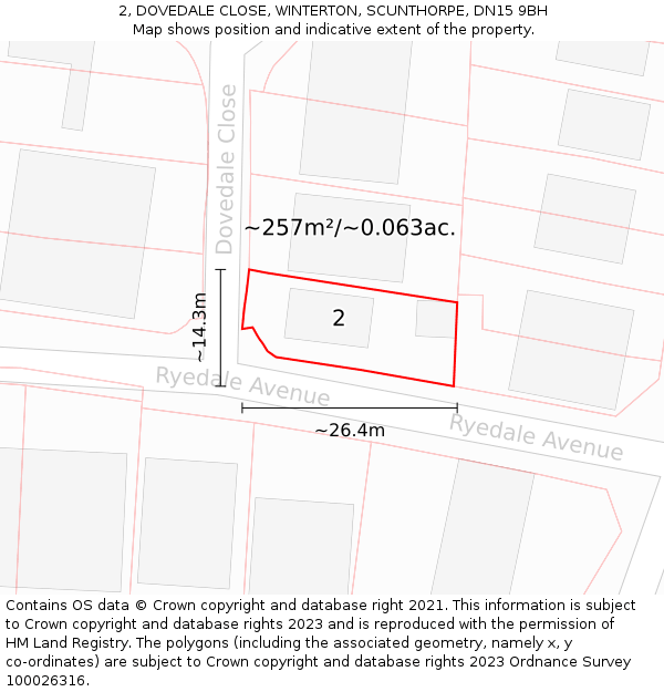 2, DOVEDALE CLOSE, WINTERTON, SCUNTHORPE, DN15 9BH: Plot and title map