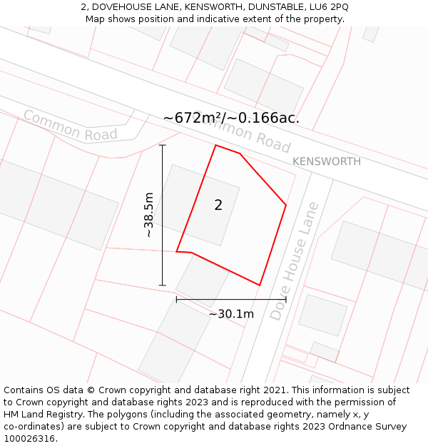 2, DOVEHOUSE LANE, KENSWORTH, DUNSTABLE, LU6 2PQ: Plot and title map