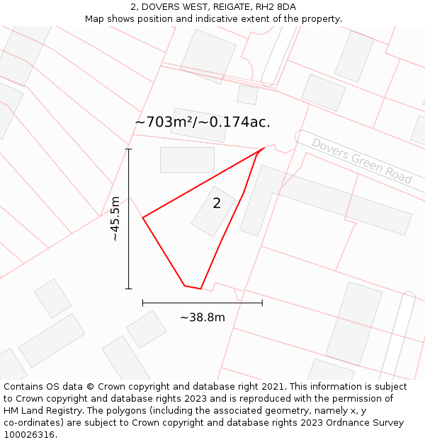 2, DOVERS WEST, REIGATE, RH2 8DA: Plot and title map