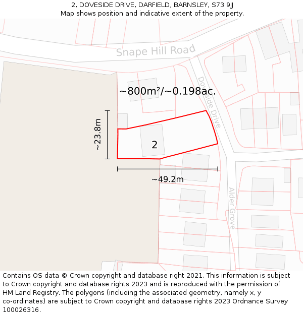 2, DOVESIDE DRIVE, DARFIELD, BARNSLEY, S73 9JJ: Plot and title map