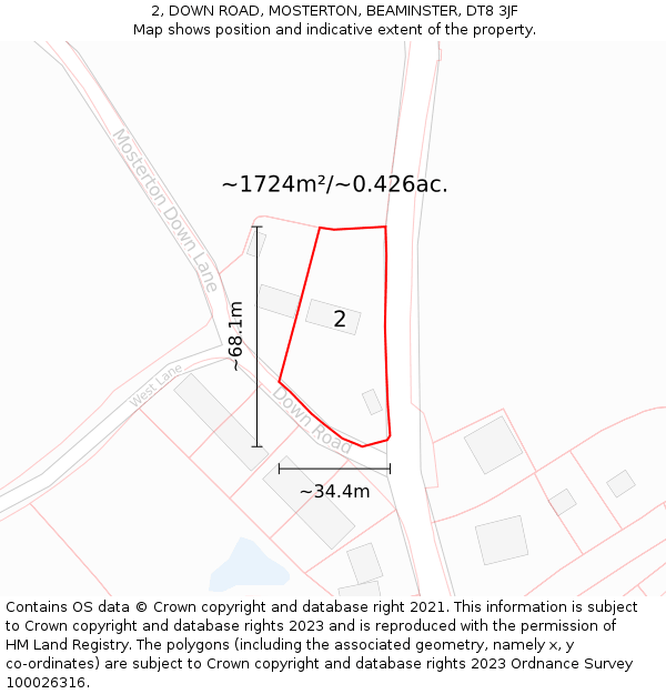2, DOWN ROAD, MOSTERTON, BEAMINSTER, DT8 3JF: Plot and title map