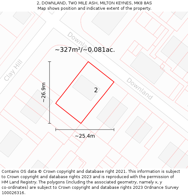 2, DOWNLAND, TWO MILE ASH, MILTON KEYNES, MK8 8AS: Plot and title map