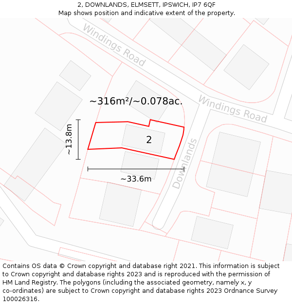 2, DOWNLANDS, ELMSETT, IPSWICH, IP7 6QF: Plot and title map