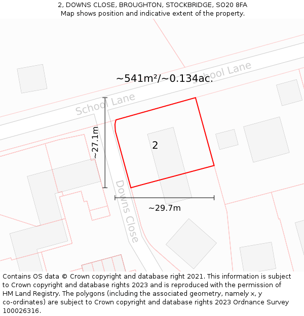 2, DOWNS CLOSE, BROUGHTON, STOCKBRIDGE, SO20 8FA: Plot and title map