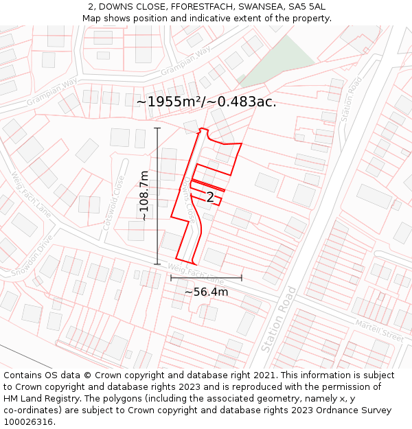 2, DOWNS CLOSE, FFORESTFACH, SWANSEA, SA5 5AL: Plot and title map