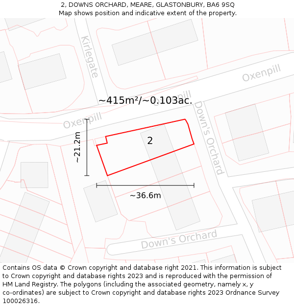 2, DOWNS ORCHARD, MEARE, GLASTONBURY, BA6 9SQ: Plot and title map