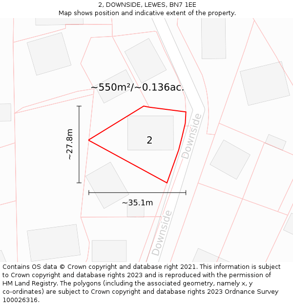 2, DOWNSIDE, LEWES, BN7 1EE: Plot and title map