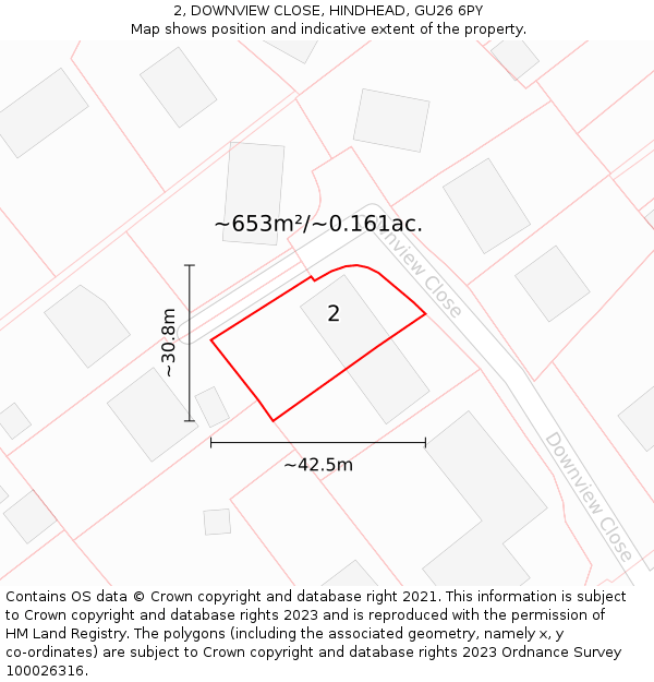 2, DOWNVIEW CLOSE, HINDHEAD, GU26 6PY: Plot and title map