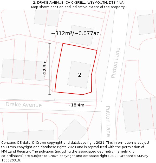 2, DRAKE AVENUE, CHICKERELL, WEYMOUTH, DT3 4NA: Plot and title map