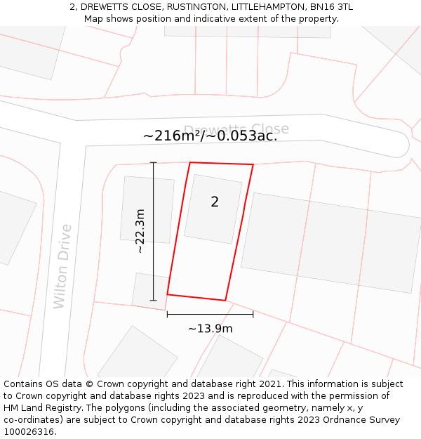 2, DREWETTS CLOSE, RUSTINGTON, LITTLEHAMPTON, BN16 3TL: Plot and title map