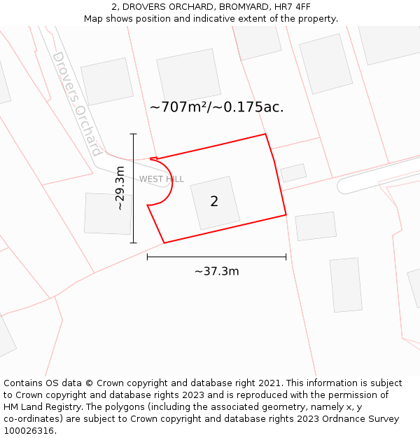 2, DROVERS ORCHARD, BROMYARD, HR7 4FF: Plot and title map