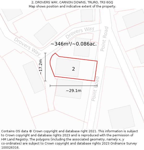 2, DROVERS WAY, CARNON DOWNS, TRURO, TR3 6GQ: Plot and title map
