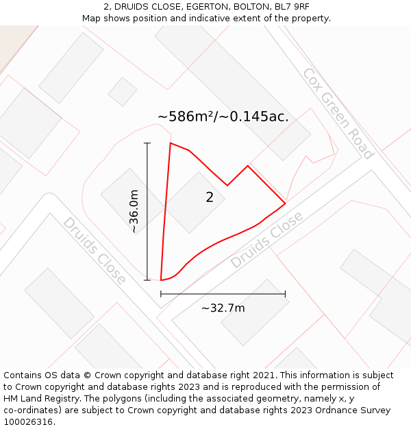 2, DRUIDS CLOSE, EGERTON, BOLTON, BL7 9RF: Plot and title map