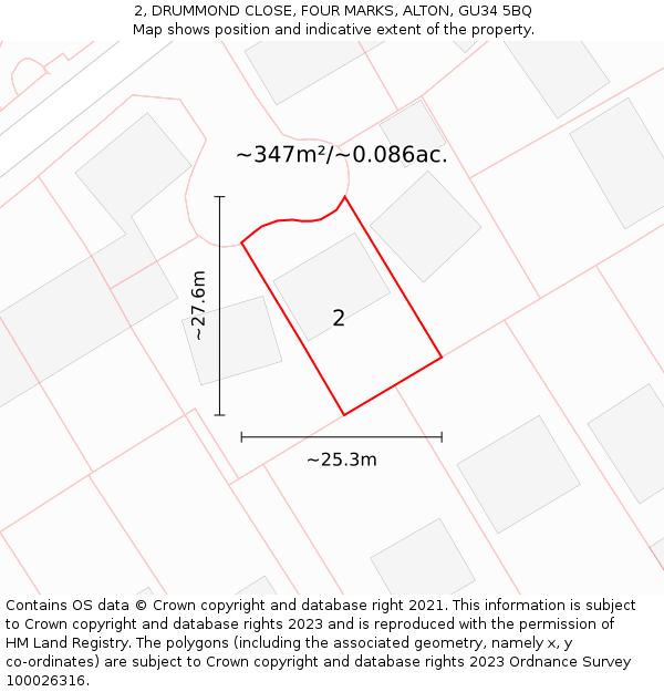2, DRUMMOND CLOSE, FOUR MARKS, ALTON, GU34 5BQ: Plot and title map