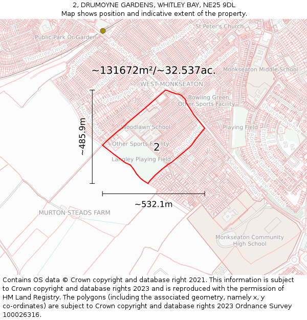 2, DRUMOYNE GARDENS, WHITLEY BAY, NE25 9DL: Plot and title map